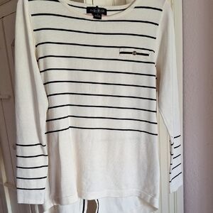 August Silk Black and White Striped Long Sleeve Button Back Top